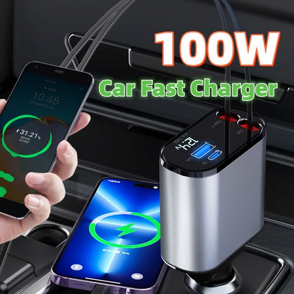 00W Metal Car Charger with USB & Type-C Fast Charging