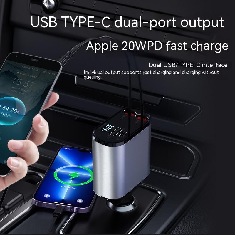 00W Metal Car Charger with USB & Type-C Fast Charging